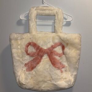 Super Soft Cream Large Faux Fur Tote Bag with Pink Bow